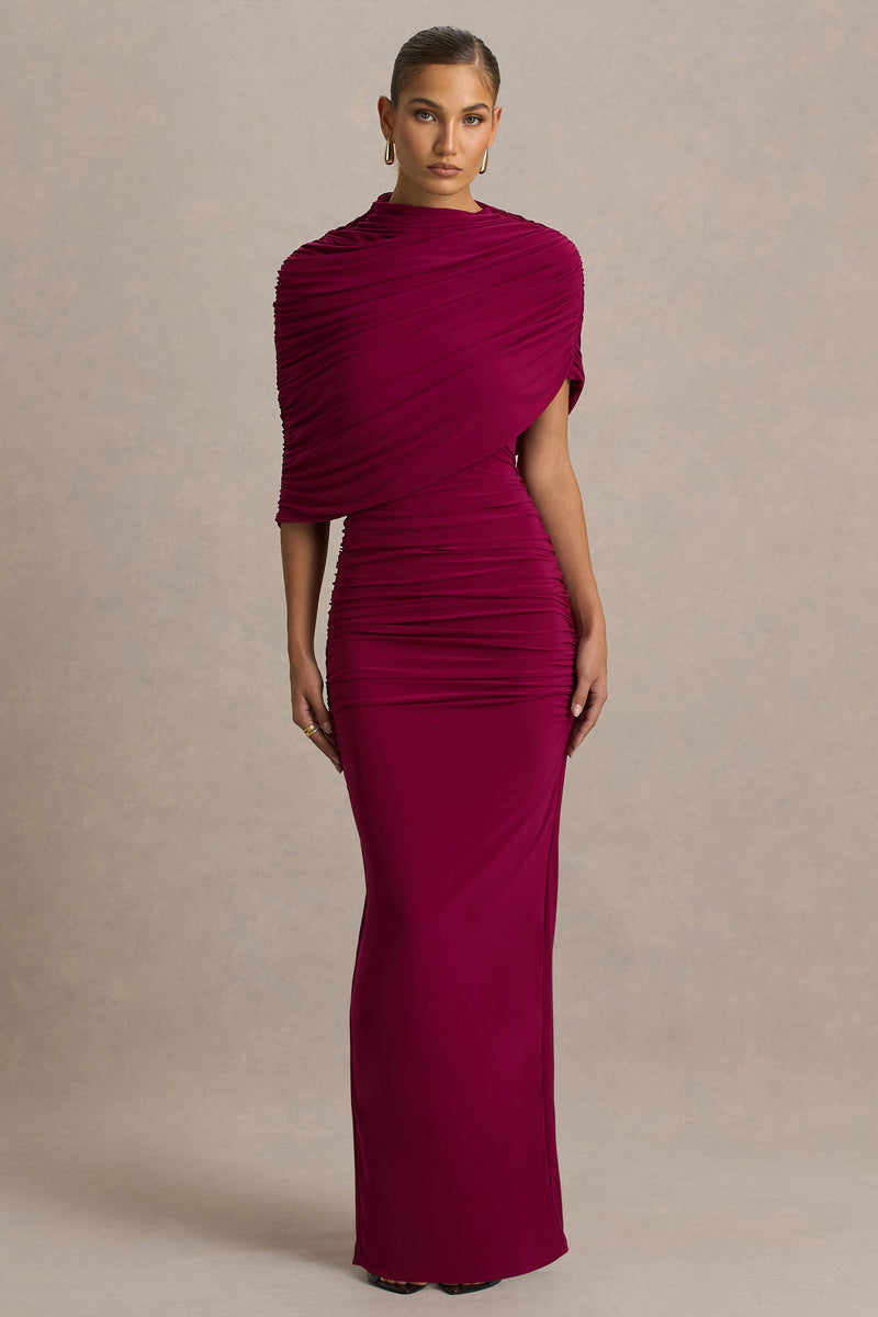 Glitz | Vestido maxi burdeos de cuello alto con manga tipo capa y detalles fruncidos