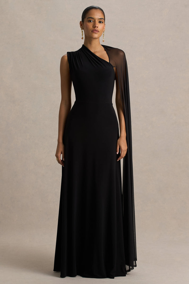 Selena | Vestido maxi negro de cuello alto con abertura y detalle de manga estilo capa