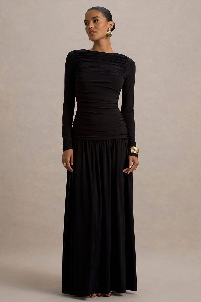 Aniyah | Vestido largo negro de cuello alto con detalles fruncidos