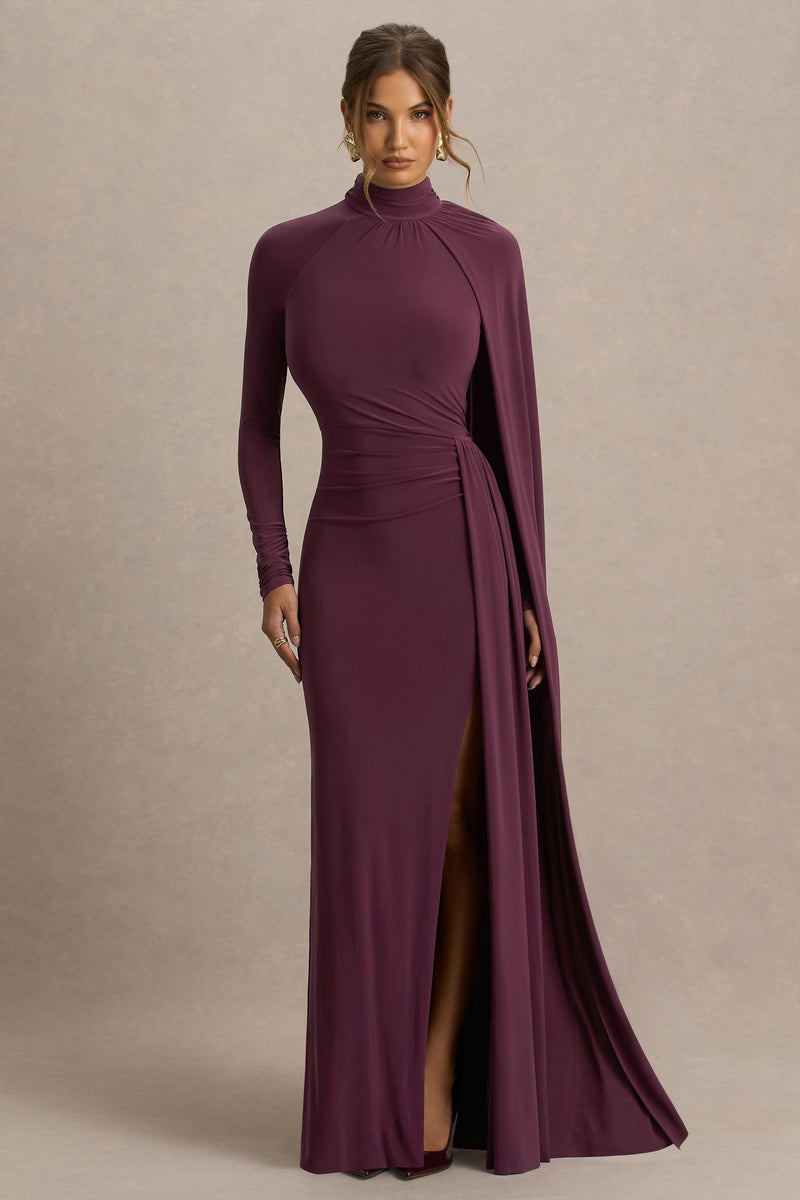 AnticipaciÃ³n | Vestido maxi burdeos de cuello alto con abertura frontal y detalles fruncidos