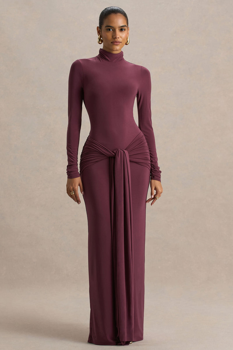Myra | Vestido largo burdeos de cuello alto con fajÃ­n y detalles fruncidos
