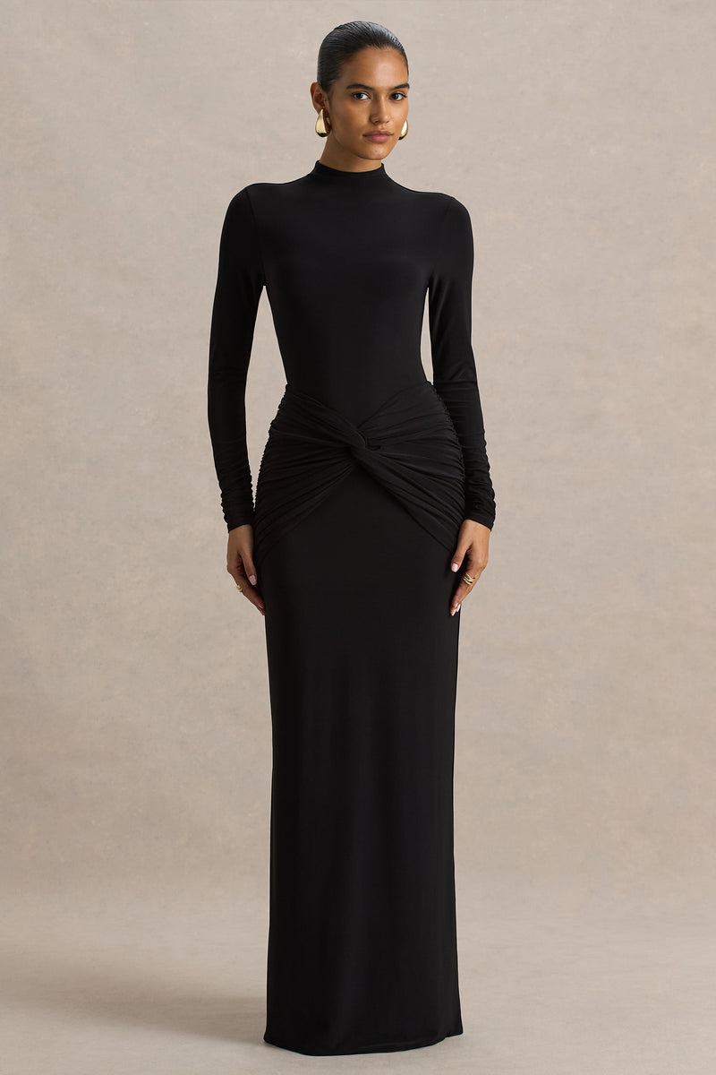 Alula | Vestido largo negro de cuello alto con detalle retorcido