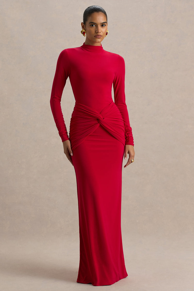 Alula | Vestido largo rojo de cuello alto con detalle retorcido