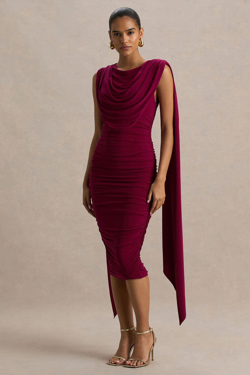 Wanderer | Vestido midi burdeos de cuello redondo con detalles drapeados y fruncidos