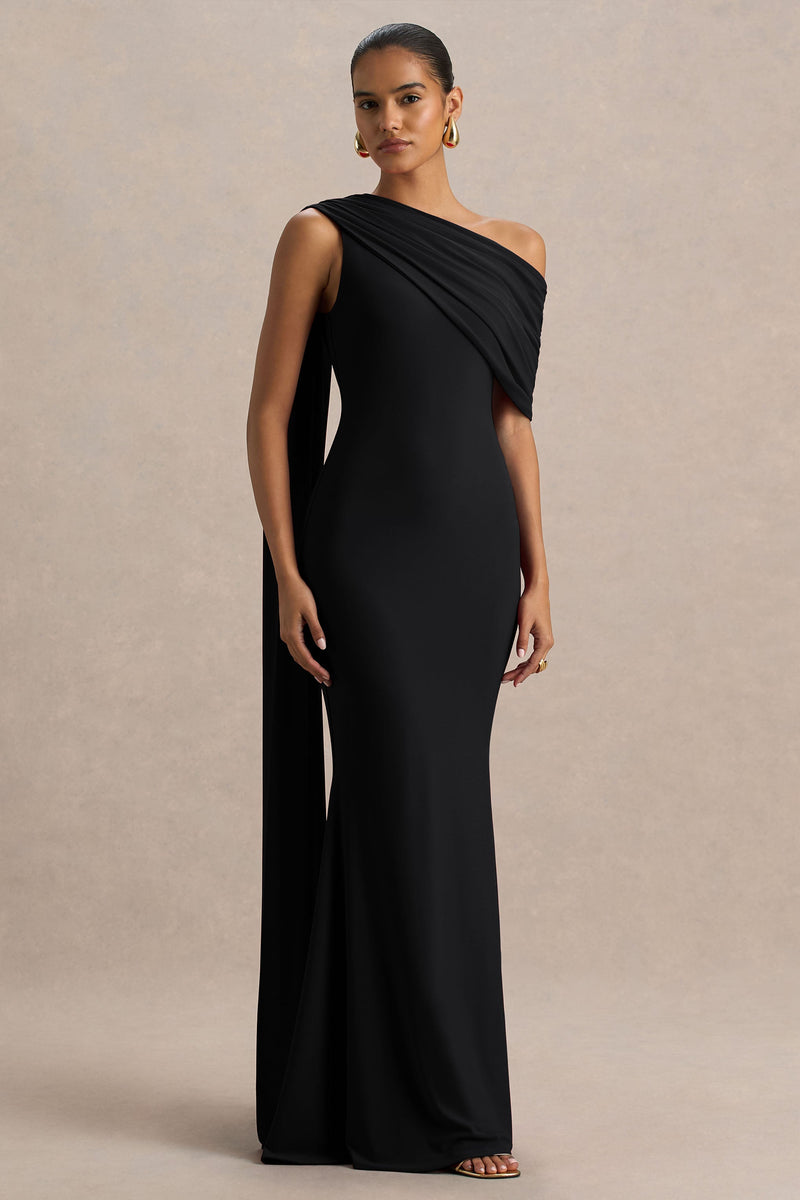 Zendaya | Vestido largo negro de corte sirena, con escote asimétrico y fajín