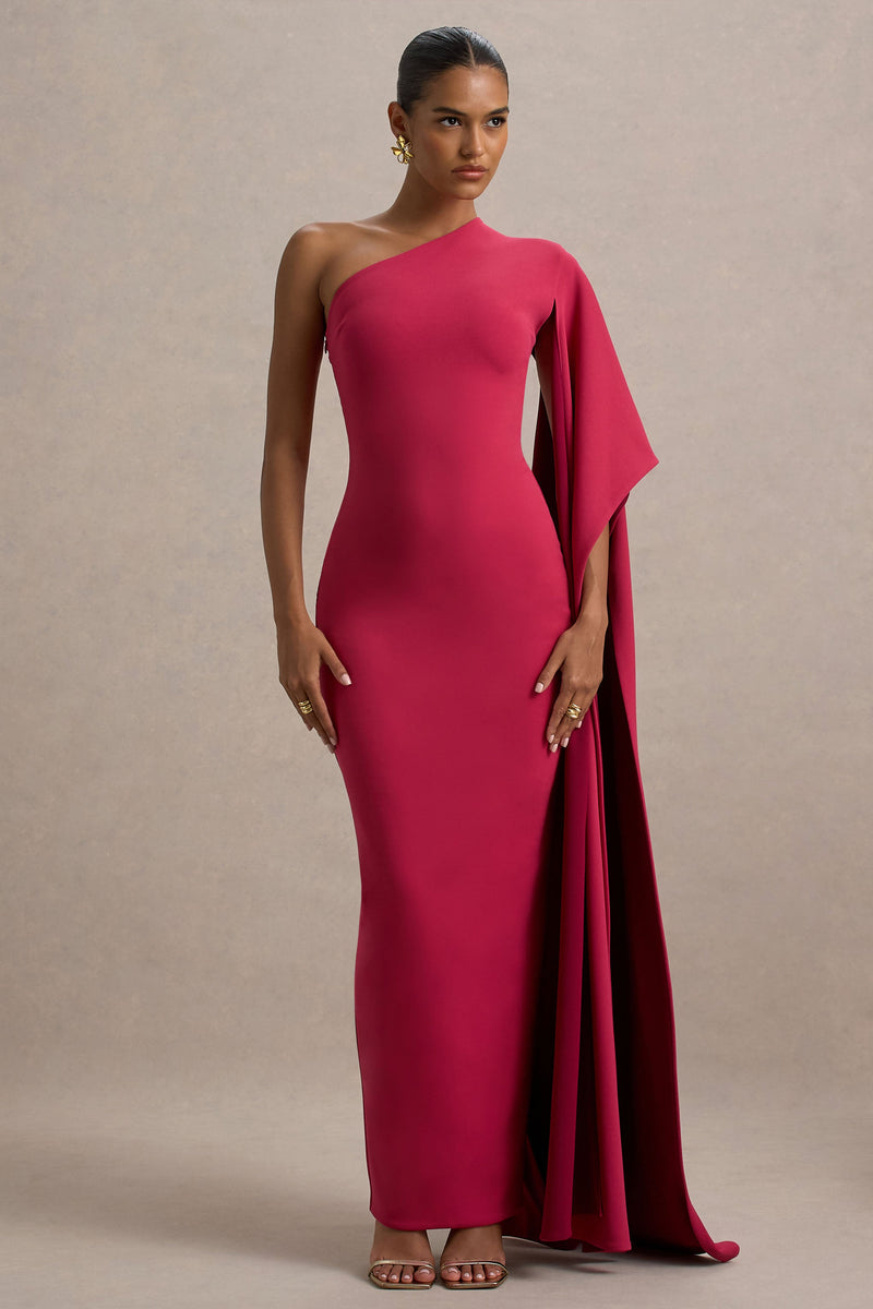 Lily | Vestido maxi asimÃ©trico en rosa fucsia y burdeos con manga tipo capa