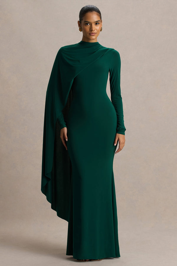 Always | Vestido largo verde botella con cuello alto y detalle de manga tipo capa