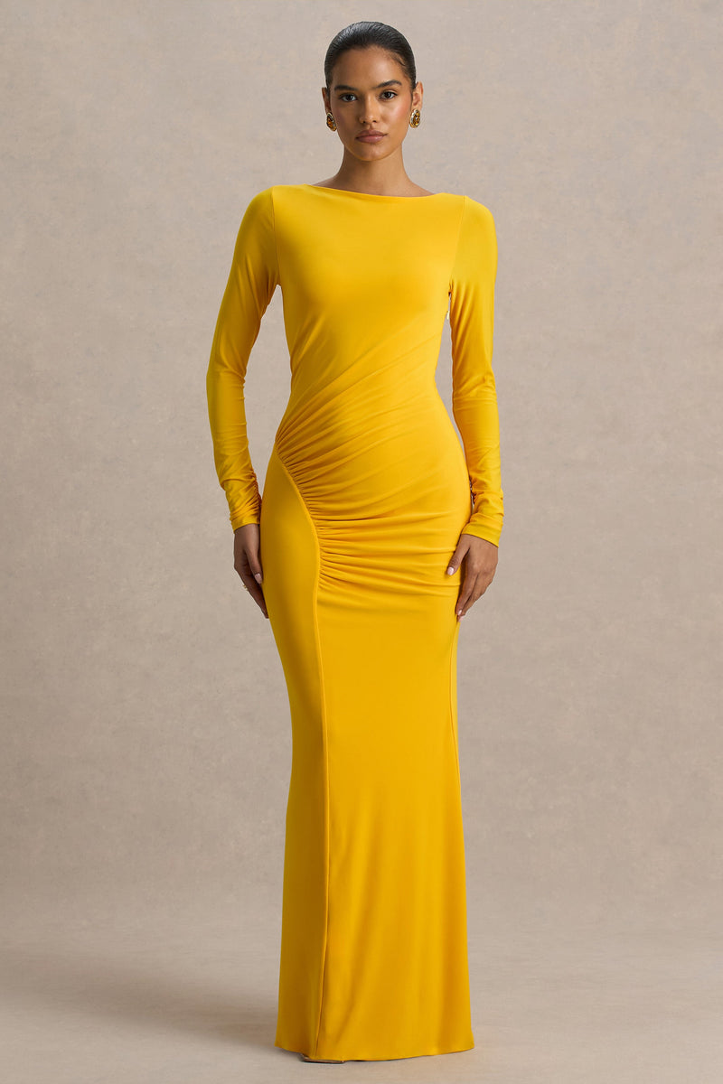 Diva | Vestido largo amarillo con escote cortado y detalles fruncidos