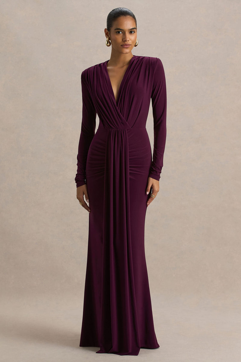 Flashy | Vestido maxi burdeos con escote pronunciado y detalles fruncidos