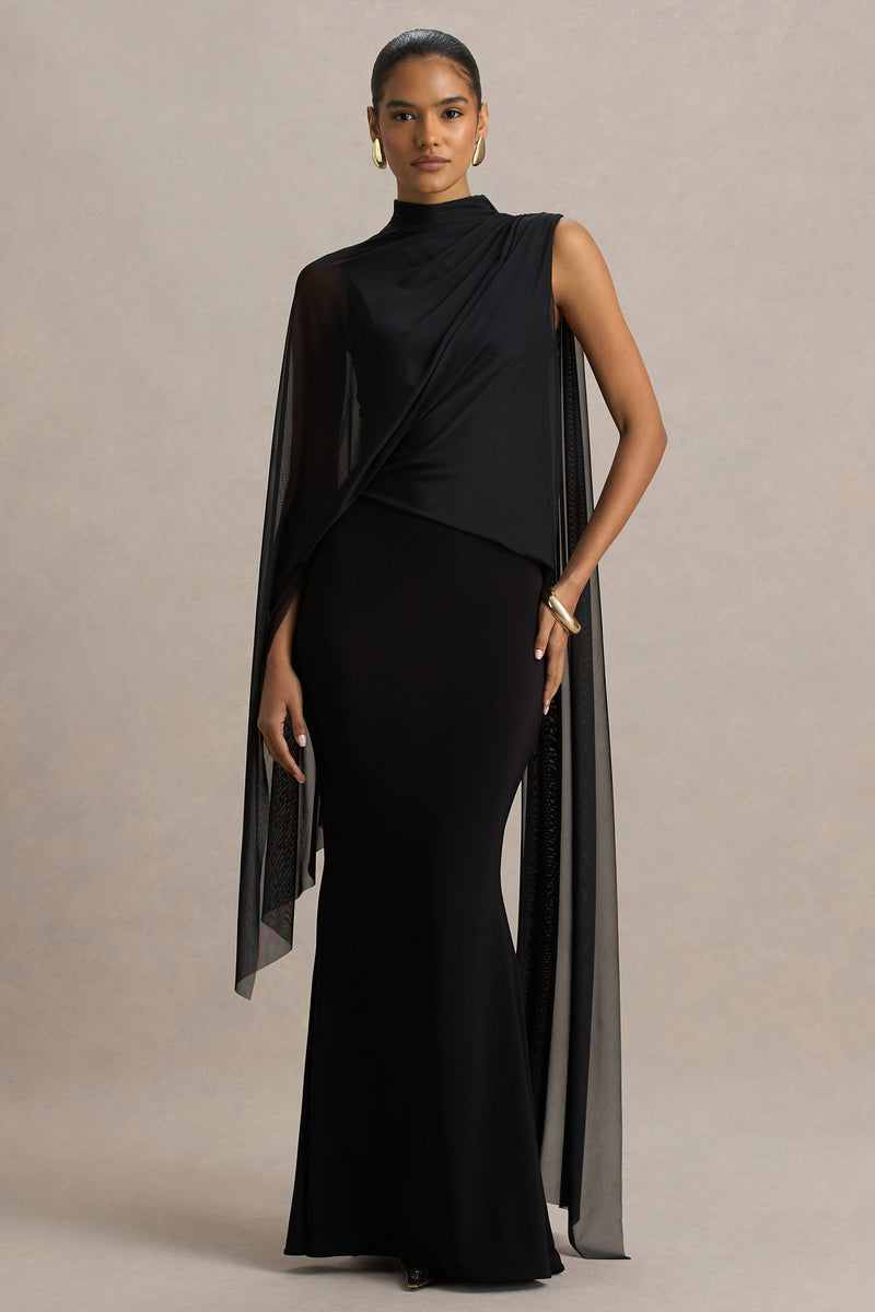 Amour | Vestido largo negro de cuello alto con detalle de manga tipo capa