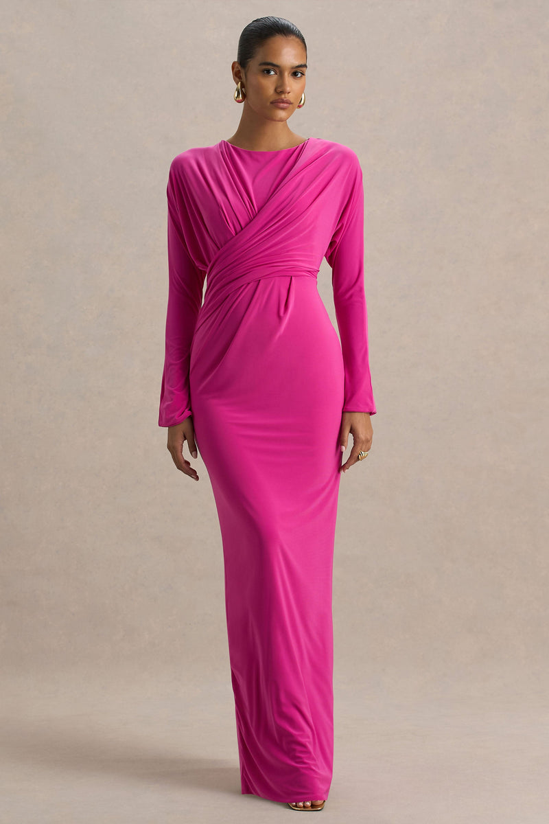 Regina | Vestido maxi envolvente drapeado con escote abierto en rosa fucsia