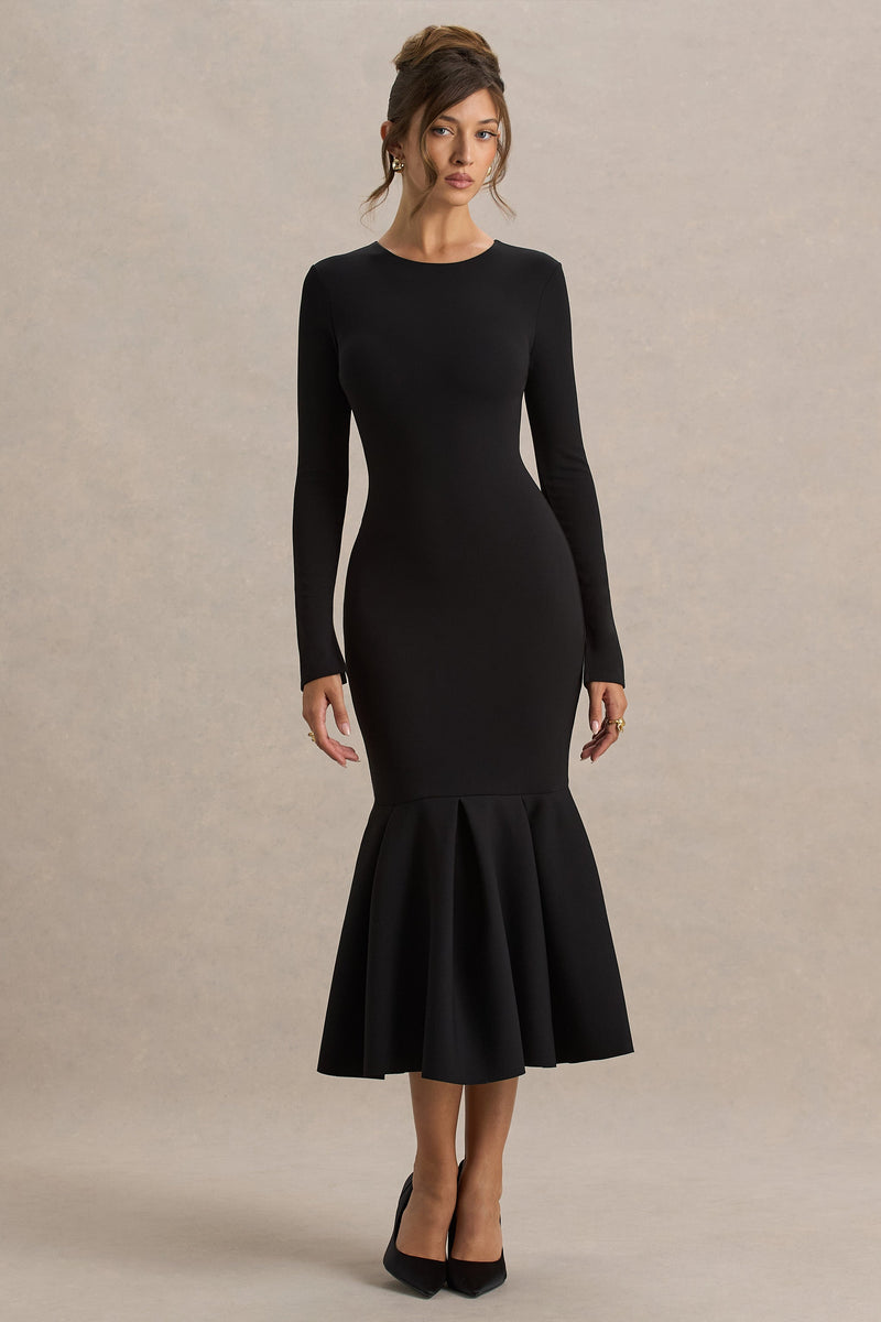 Liberty | Vestido midi negro de cuello alto y corte sirena con detalle de volantes
