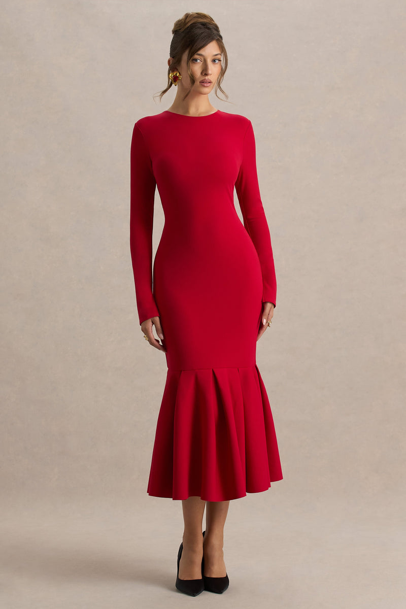 Liberty | Vestido midi de sirena rojo con cuello alto y detalle de volantes