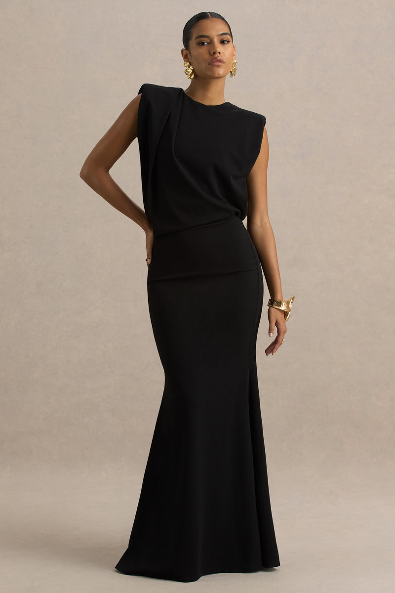 Meave | Vestido largo negro con escote barco y detalle drapeado