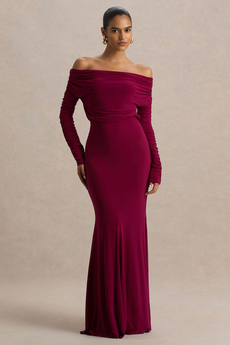 Cilla | Vestido maxi burdeos con escote Bardot y detalles fruncidos