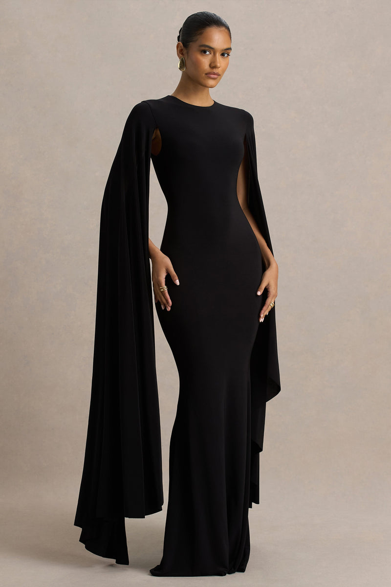 Briony | Vestido maxi negro de cuello redondo con mangas tipo capa