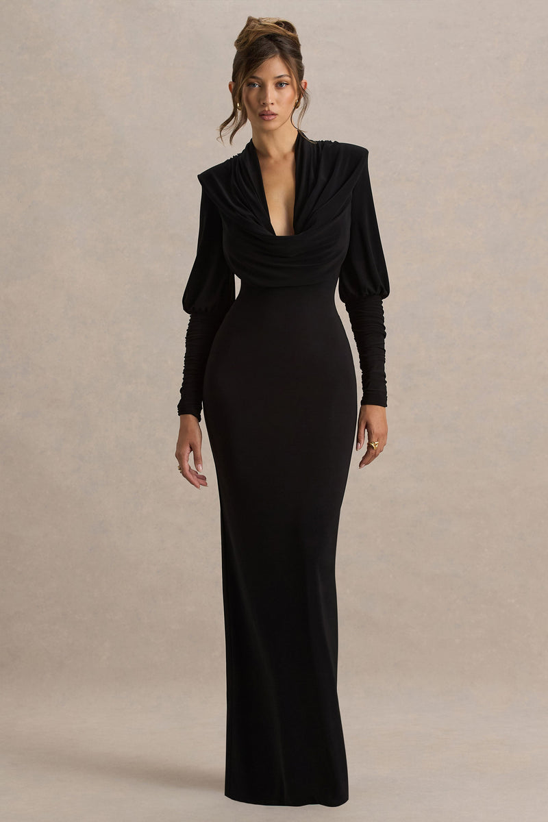 Kaylee | Vestido largo negro con escote drapeado y detalles de fruncido