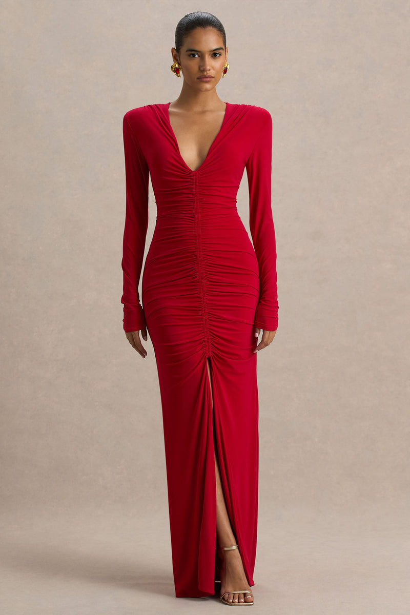 Jewel | Vestido largo rojo con escote pronunciado, abertura frontal y detalles fruncidos