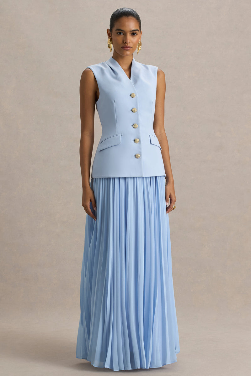 Heavenly | Vestido largo azul empolvado de cuello alto con detalles plisados