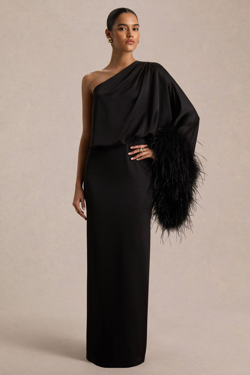 Felicity | Vestido largo de satén negro con escote asimétrico y detalles de plumas
