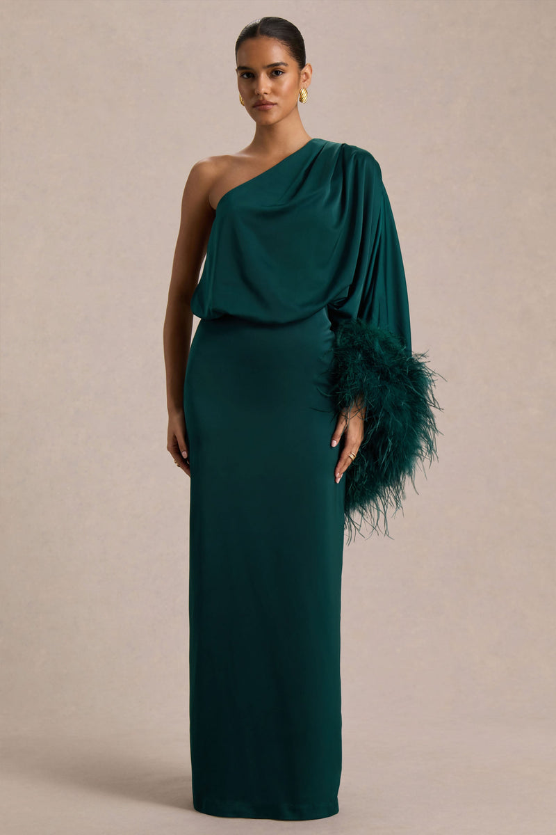Felicity | Vestido largo de satén verde azulado con escote asimétrico y detalles de plumas