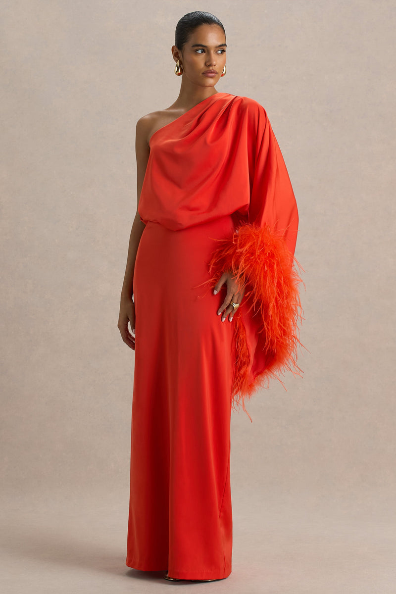 Felicity | Vestido largo de satén naranja con escote asimétrico y detalles de plumas