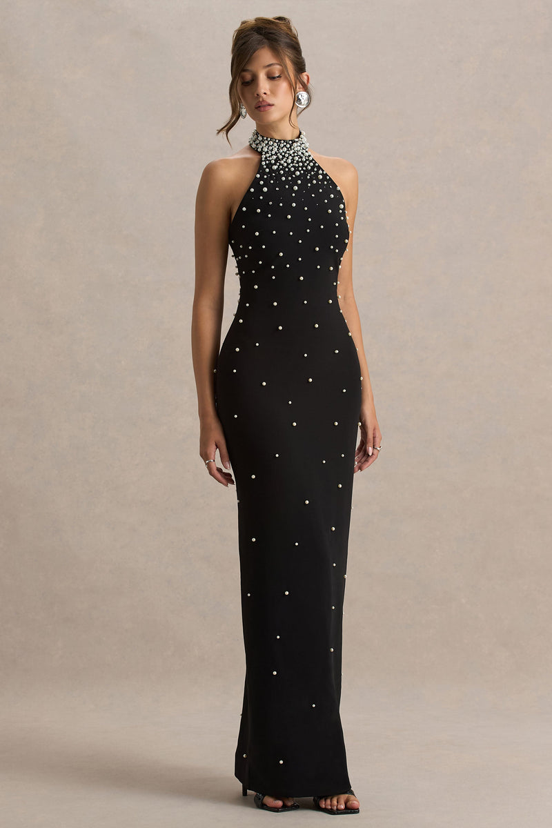 Dani | Vestido maxi negro de cuello halter con detalles hechos a mano