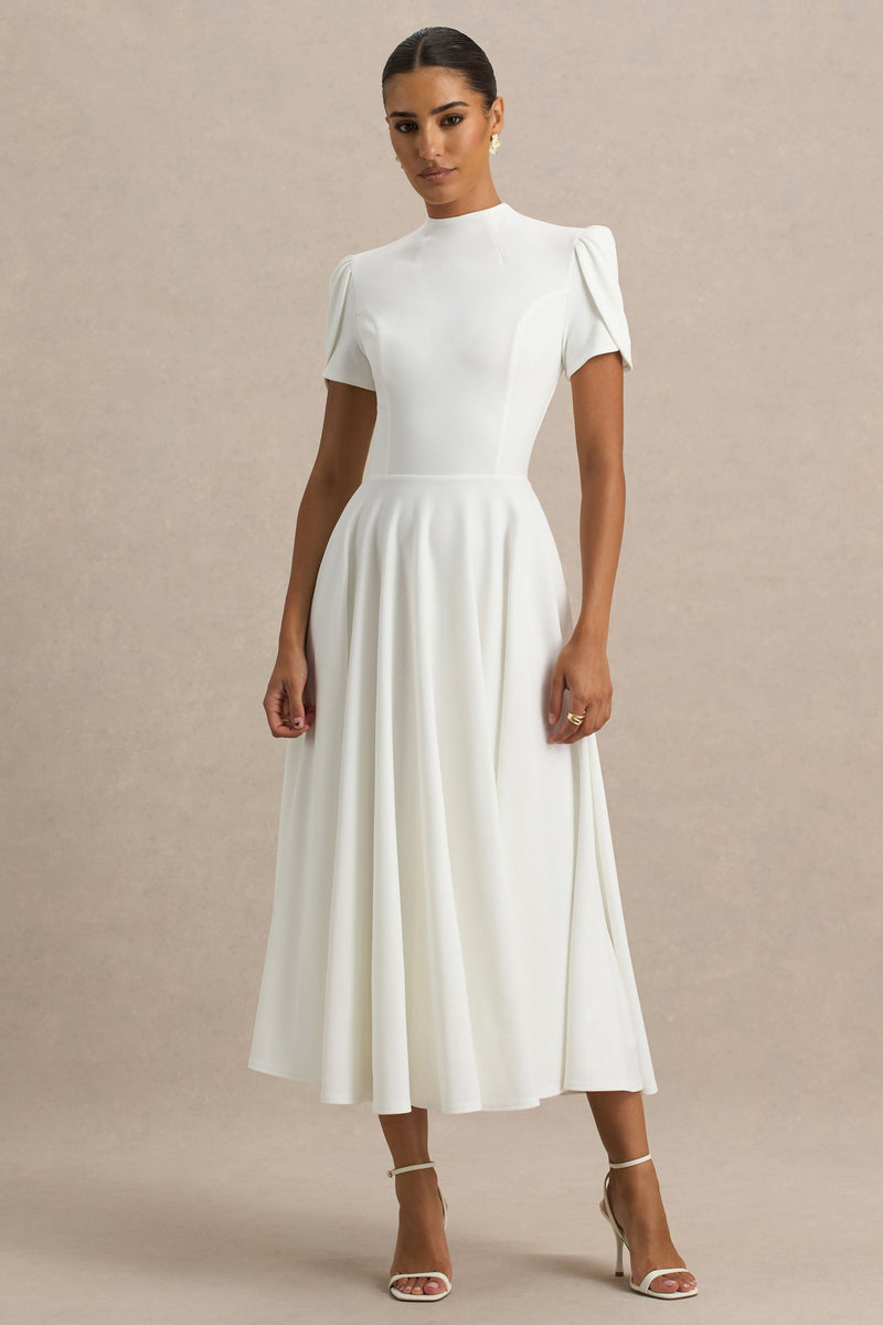 Vicky | Vestido midi blanco de cuello alto con mangas abullonadas