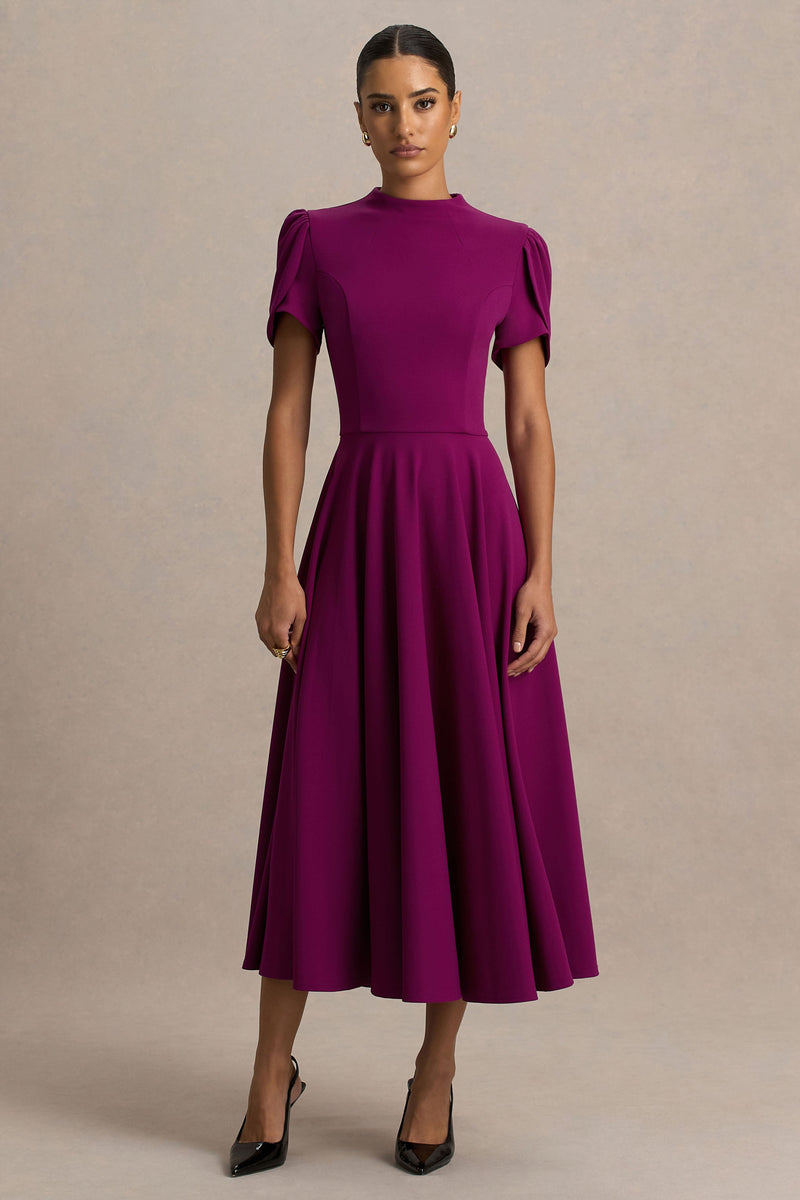 Vicky | Vestido midi color ciruela con cuello alto y mangas abullonadas