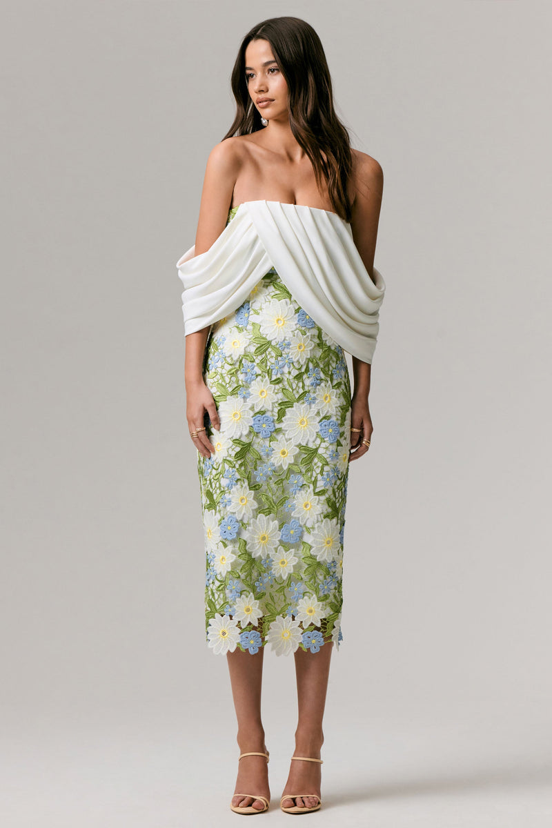 Entitled | Vestido midi color crema de encaje floral con escote Bardot
