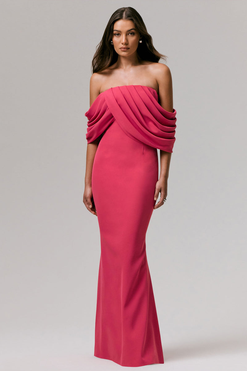 Serene | Vestido largo Bardot drapeado en fucsia intenso