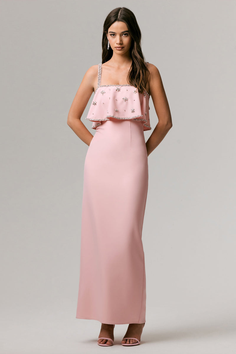 Scarlet | Vestido largo rosa pálido con escote cuadrado y adornos