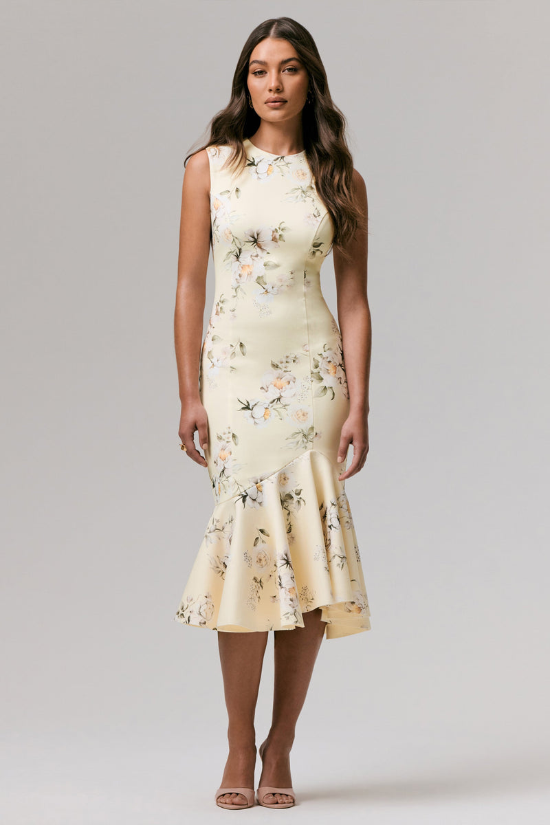Priceless | Vestido midi con estampado de limones, cuello redondo y bajo de cola de pez