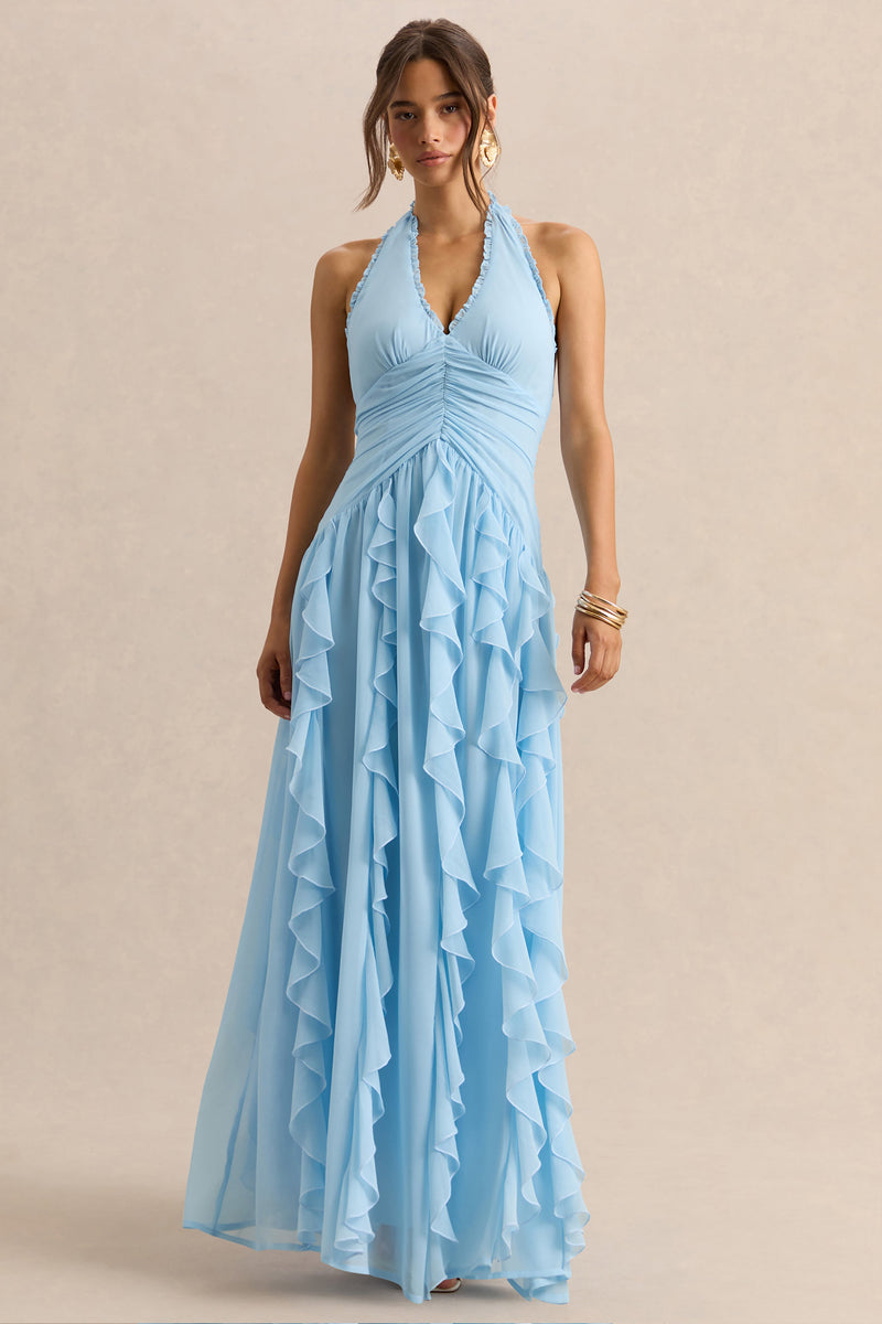Bea | Vestido largo azul empolvado con escote pronunciado y volantes