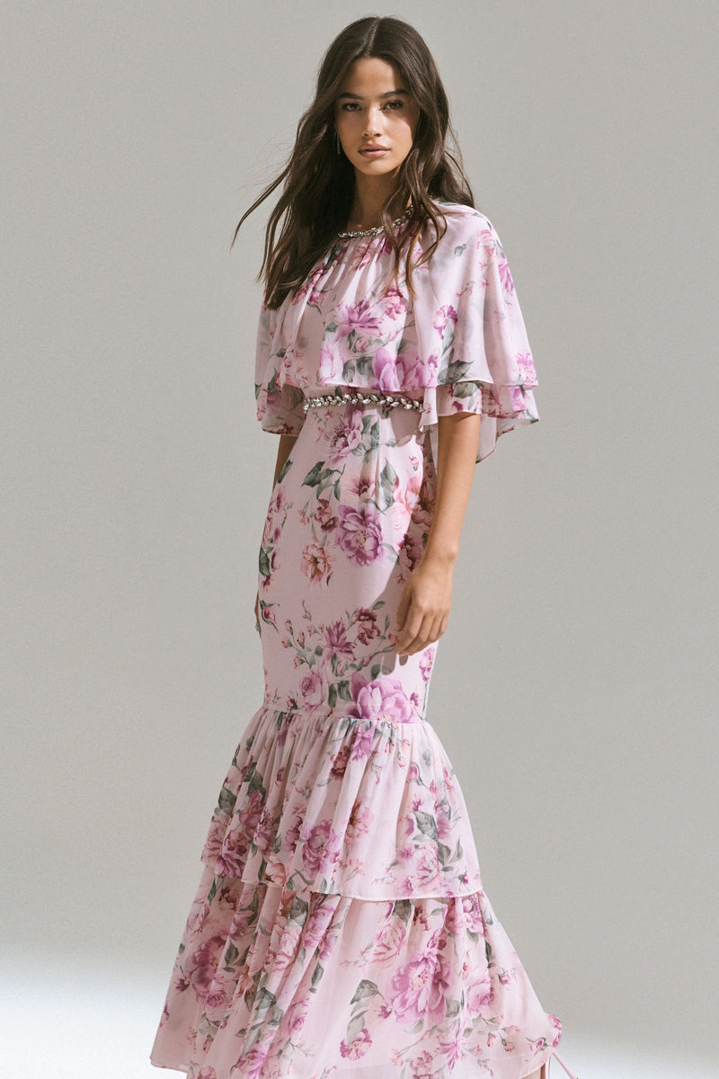Nunca te sueltes | Vestido largo de gasa rosa con estampado floral y bajo en capas