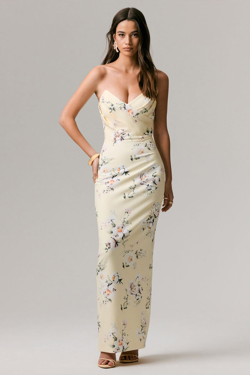Fierce | Vestido largo asimétrico fruncido con estampado de limones