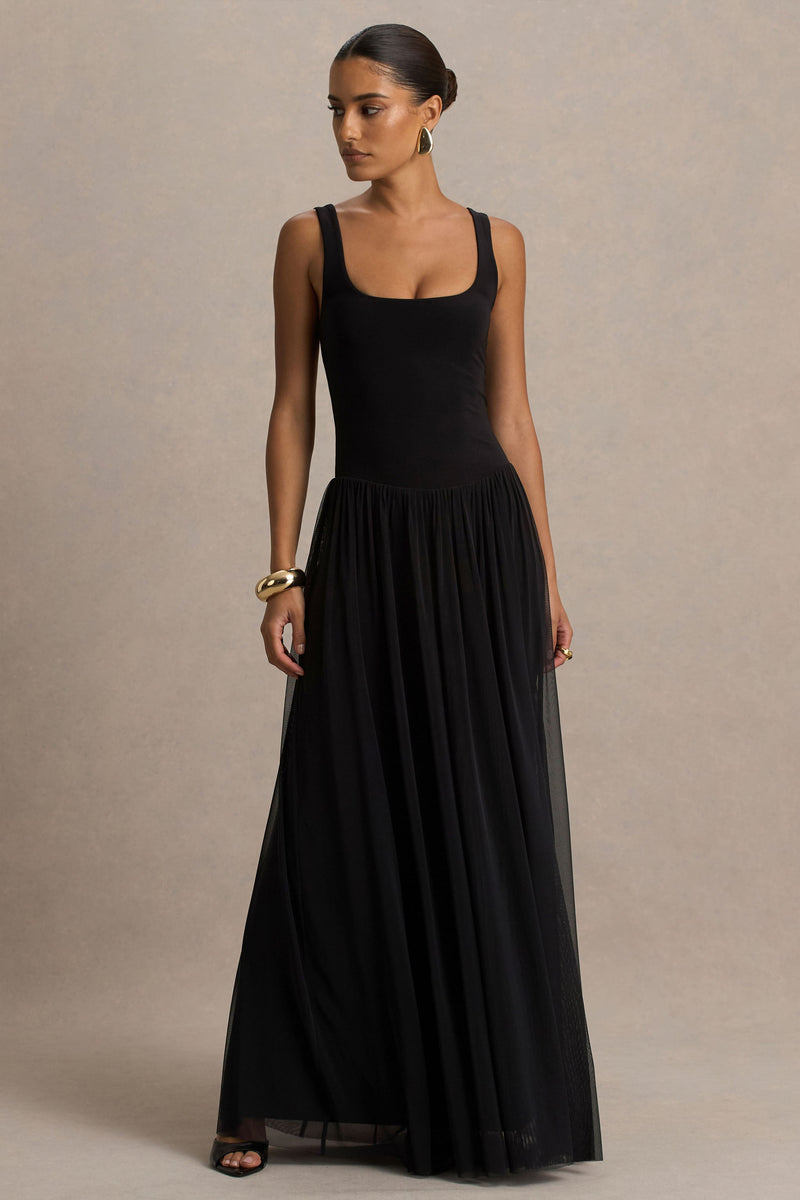 Amelia | Vestido maxi negro de escote redondo y falda plisada