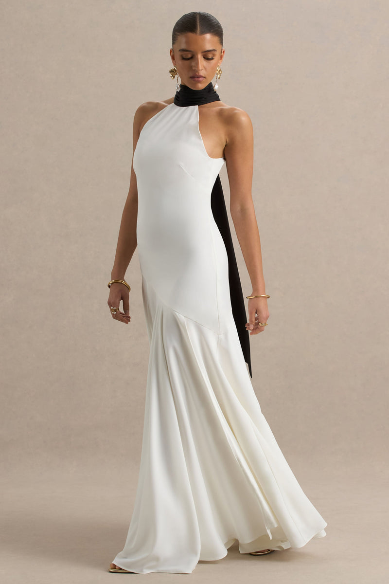 Luscious | Vestido largo blanco y negro de cuello alto con cintura baja y detalle de lazo