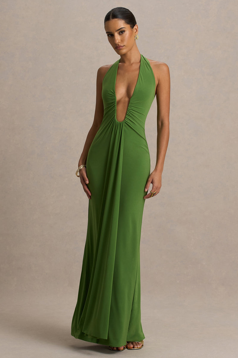 Hera | Vestido maxi verde con escote muy pronunciado y detalle fruncido