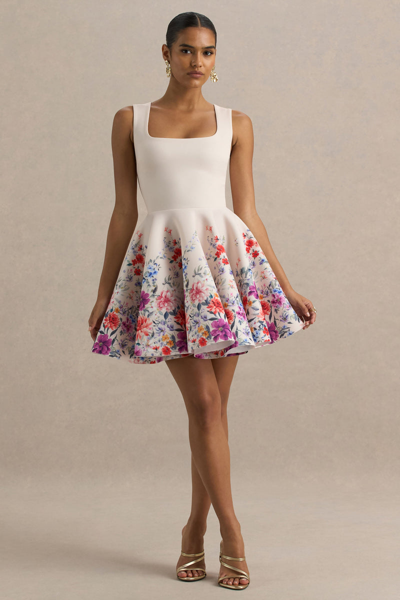 Gemstone | Vestido mini skater rosa claro con estampado floral y escote cuadrado
