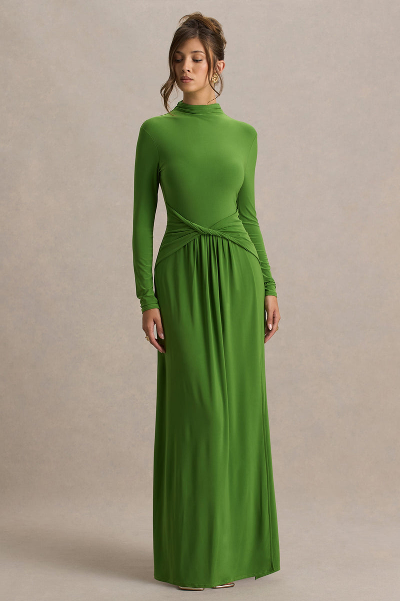 Hourglass | Vestido largo verde de manga larga con detalle retorcido y abertura