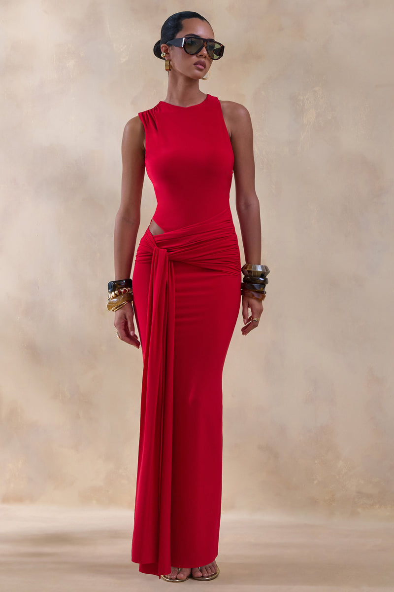 Neile | Vestido maxi rojo de cuello redondo con detalles de abertura y fajín