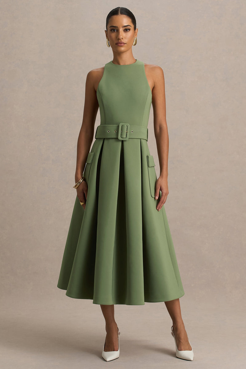 Elisia | Vestido midi verde oliva de cuello redondo con cinturón