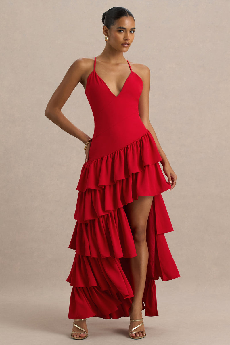 Bogotá | Vestido maxi rojo con escote pronunciado, detalles de volantes y abertura delantera alta