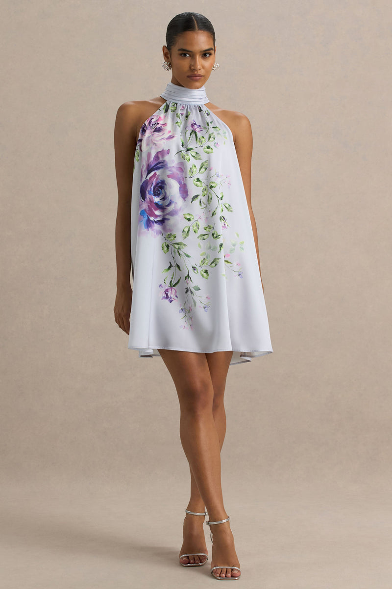 Evita | Vestido mini de línea A azul empolvado con estampado de rosas, cuello alto y lazo