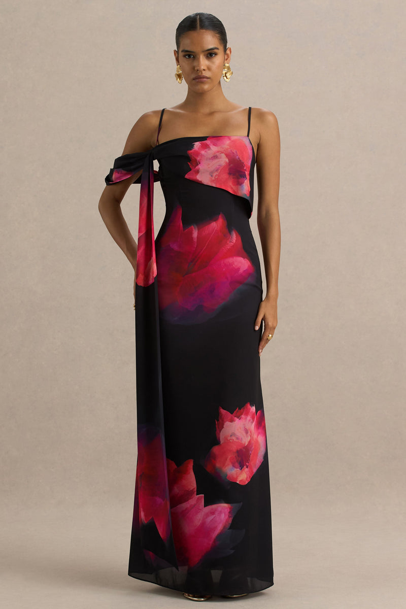 Leonara | Vestido largo negro con estampado floral rosa, cuello drapeado y una sola manga