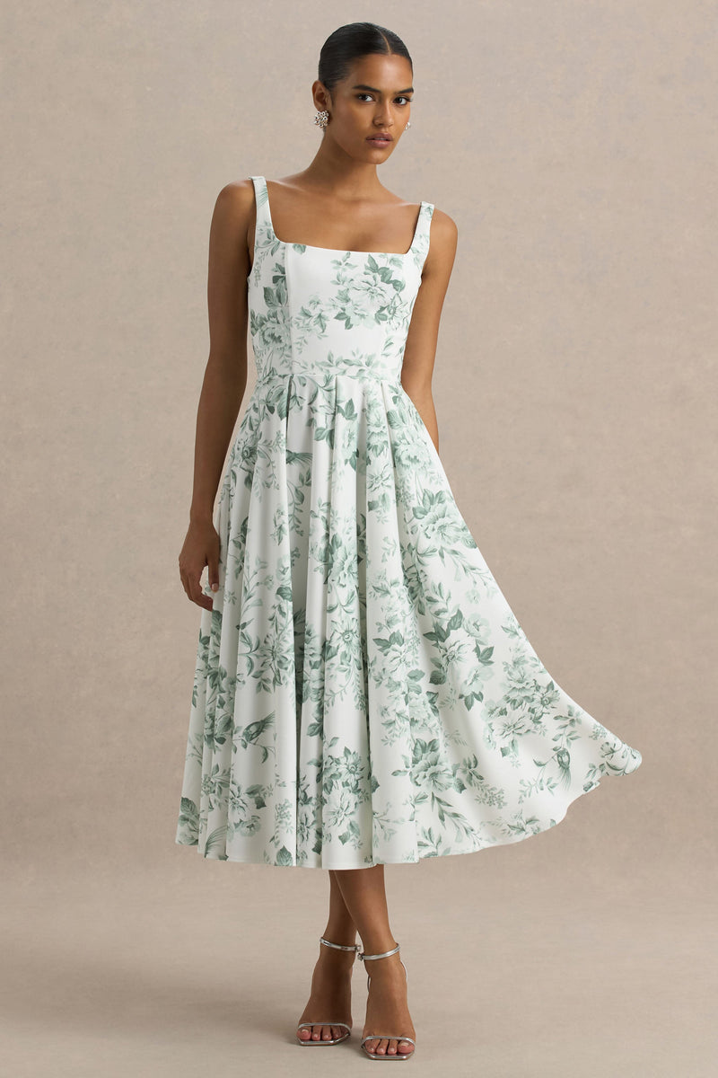 Lissa | Vestido midi verde con estampado de porcelana y escote cuadrado