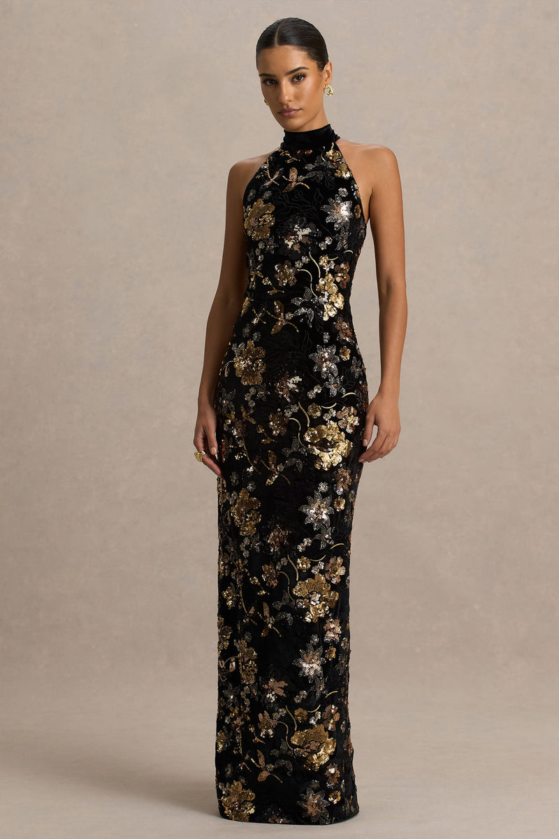 Tate | Vestido maxi de terciopelo negro con escote halter y adornos de lentejuelas florales en bronce