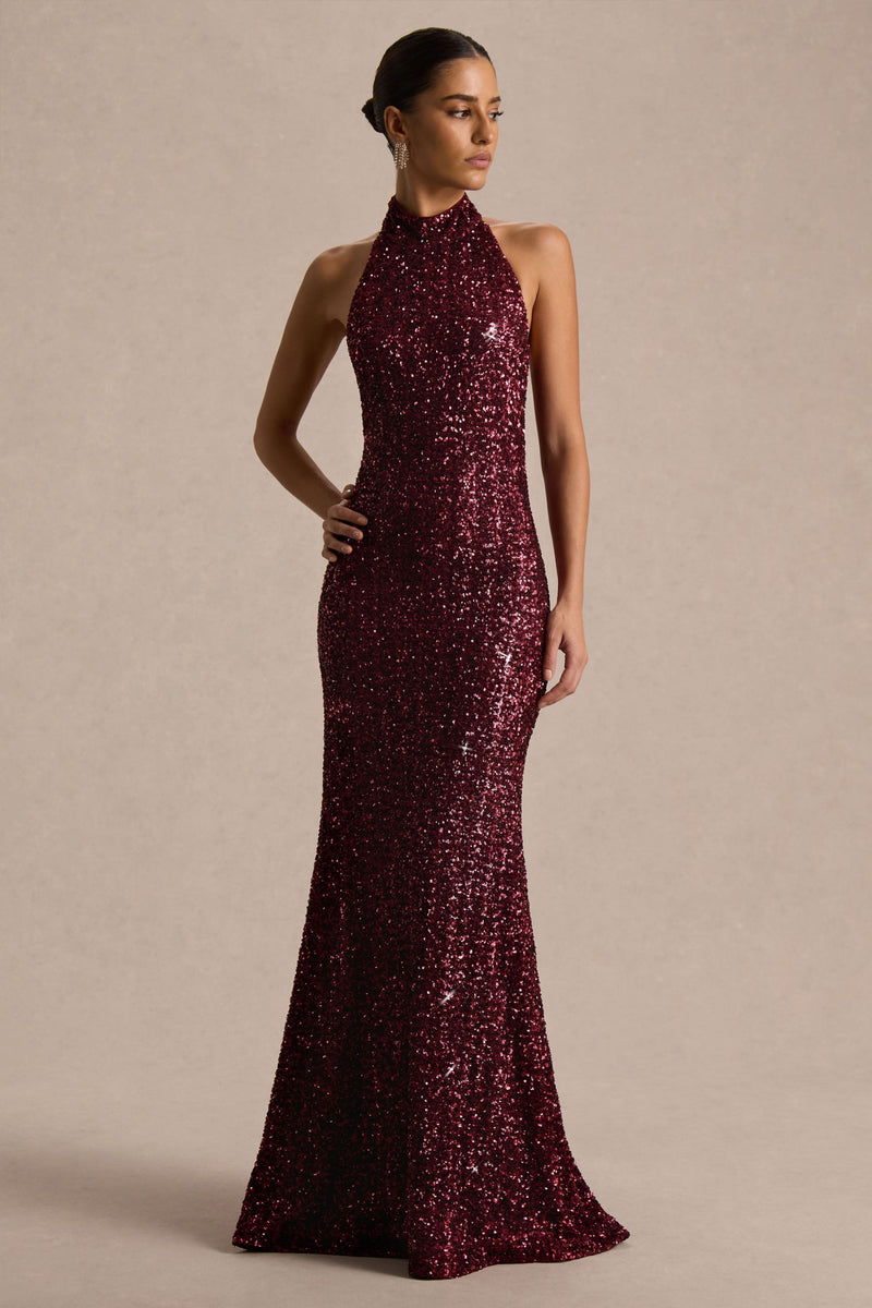 Tulia | Vestido maxi de lentejuelas color burdeos con cuello alto