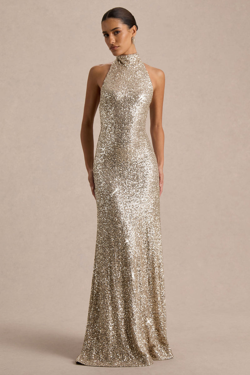 Tulia | Vestido largo de lentejuelas doradas con cuello alto